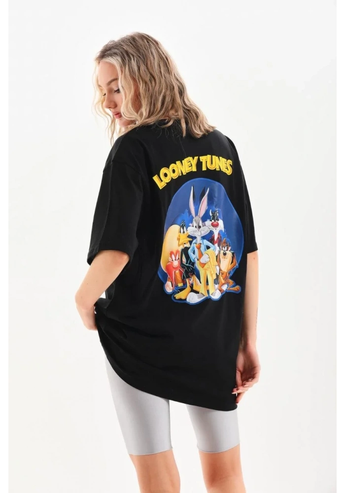 Kadın Kısa Kol Yazlık Tişört Bisiklet Yaka Baskılı Oversize T-Shirt - Siyah