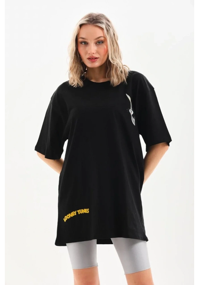 Kadın Kısa Kol Yazlık Tişört Bisiklet Yaka Baskılı Oversize T-Shirt - Siyah