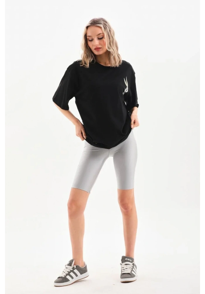Kadın Kısa Kol Yazlık Tişört Bisiklet Yaka Baskılı Oversize T-Shirt - Siyah
