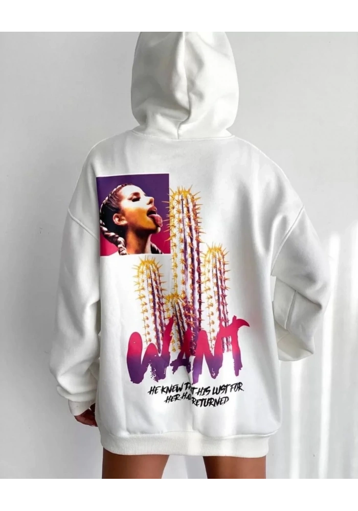Kadın Oversize Kapüşonlu Cepli WANT Baskılı 3 İplik Pamuklu Hoodie Sweatshirt - Beyaz