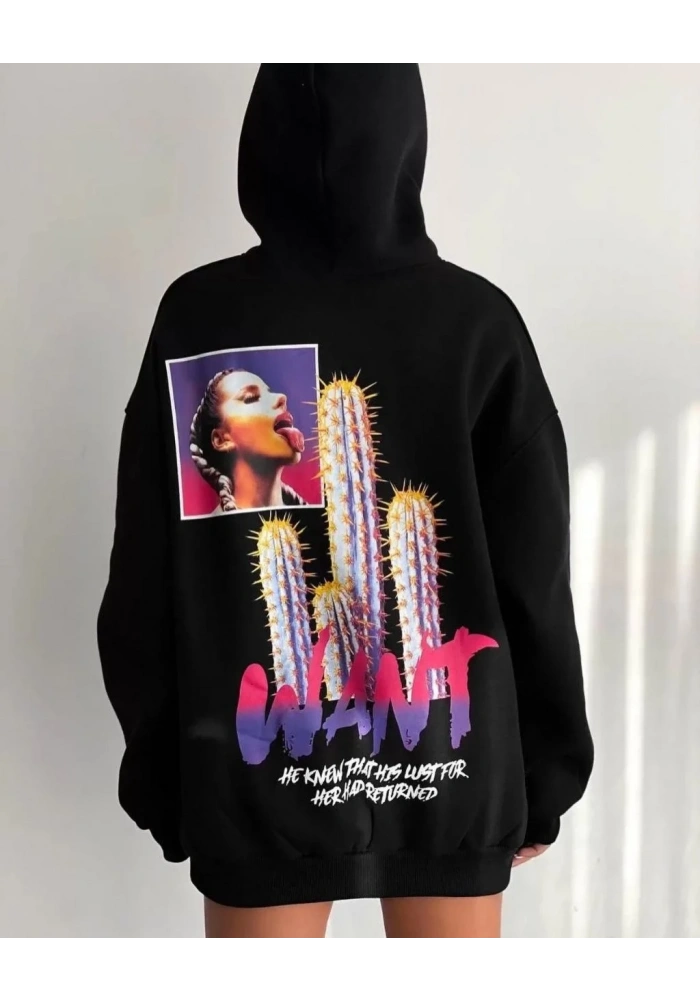 Kadın Oversize Kapüşonlu Cepli WANT Baskılı 3 İplik Pamuklu Hoodie Sweatshirt - Siyah