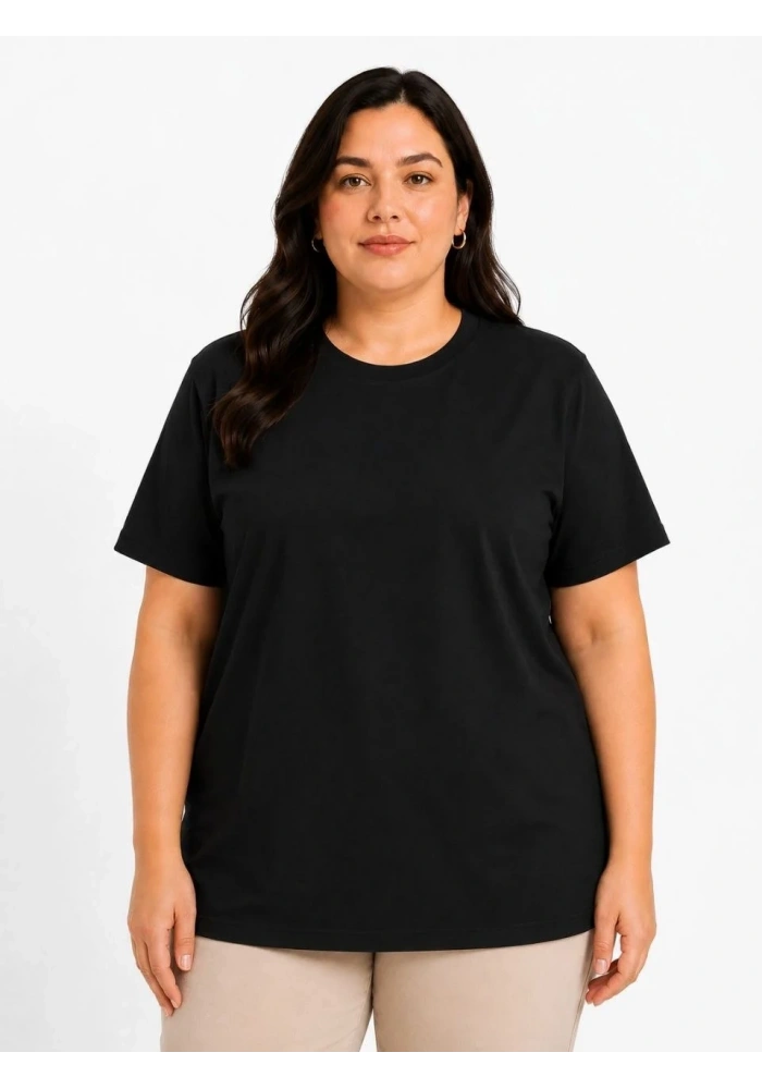 Kadın Battal Big Size Basic Tişört Bisiklet Yaka Rahat Kalıp T-Shirt - Siyah