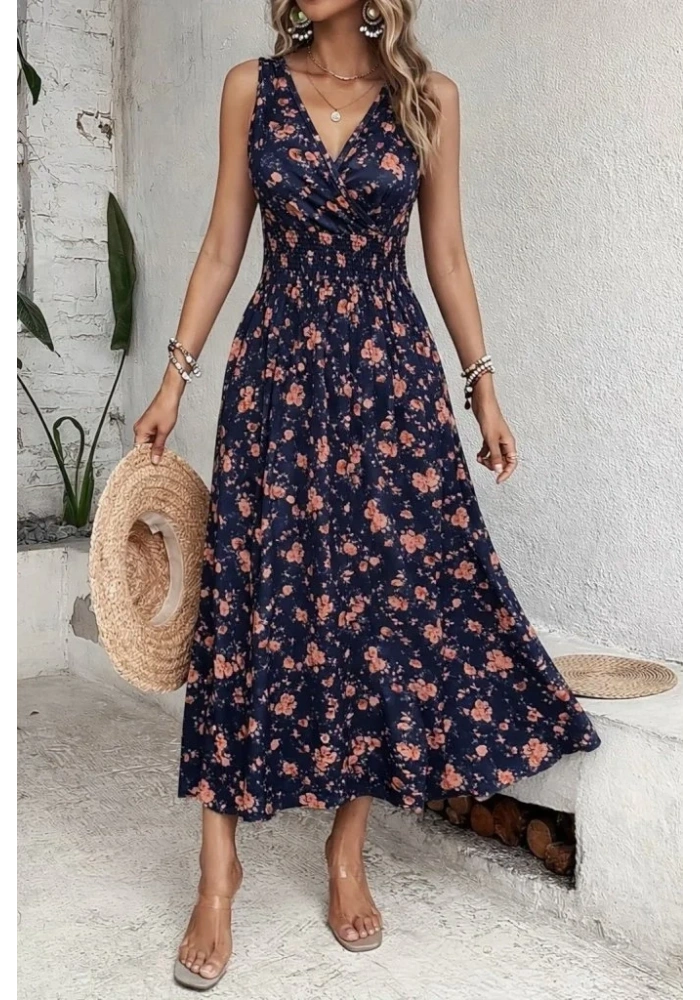 Kadın Beli Gipeli Etnik Desen Sıfır Kol Süprem Elbise