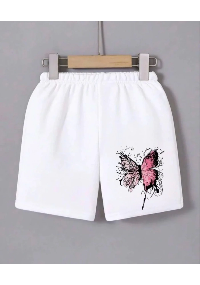 Kadın Beli Lastikli Baskılı Mini Şort - Beyaz