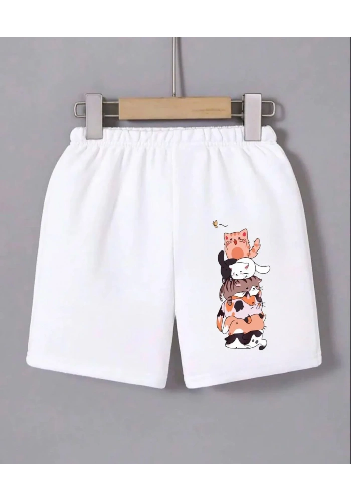 Kadın Beli Lastikli Baskılı Mini Şort - Beyaz