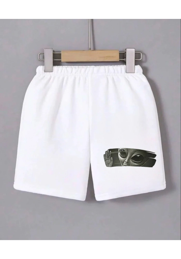 Kadın Beli Lastikli Baskılı Mini Şort - Beyaz