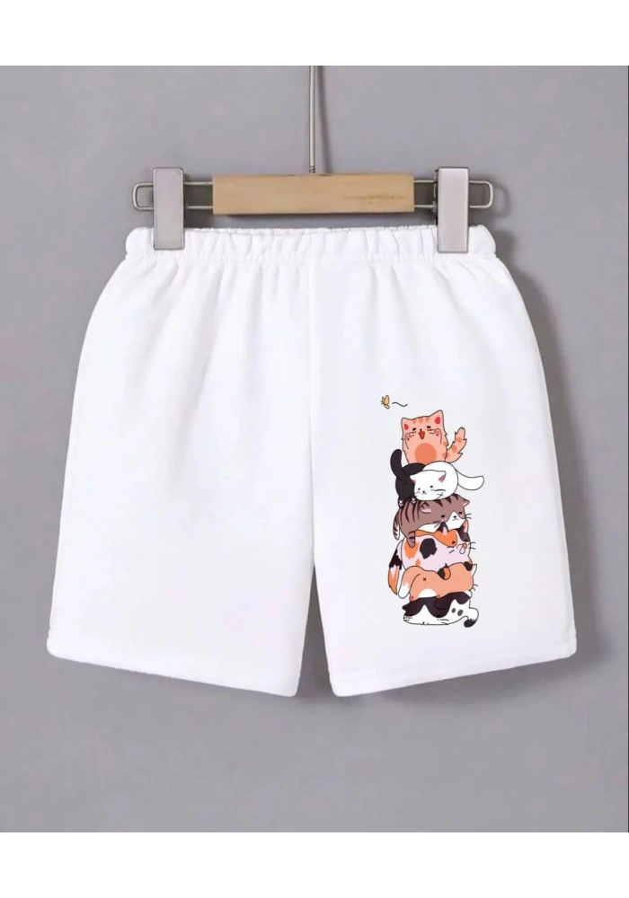 Kadın Beli Lastikli Baskılı Mini Şort - Beyaz