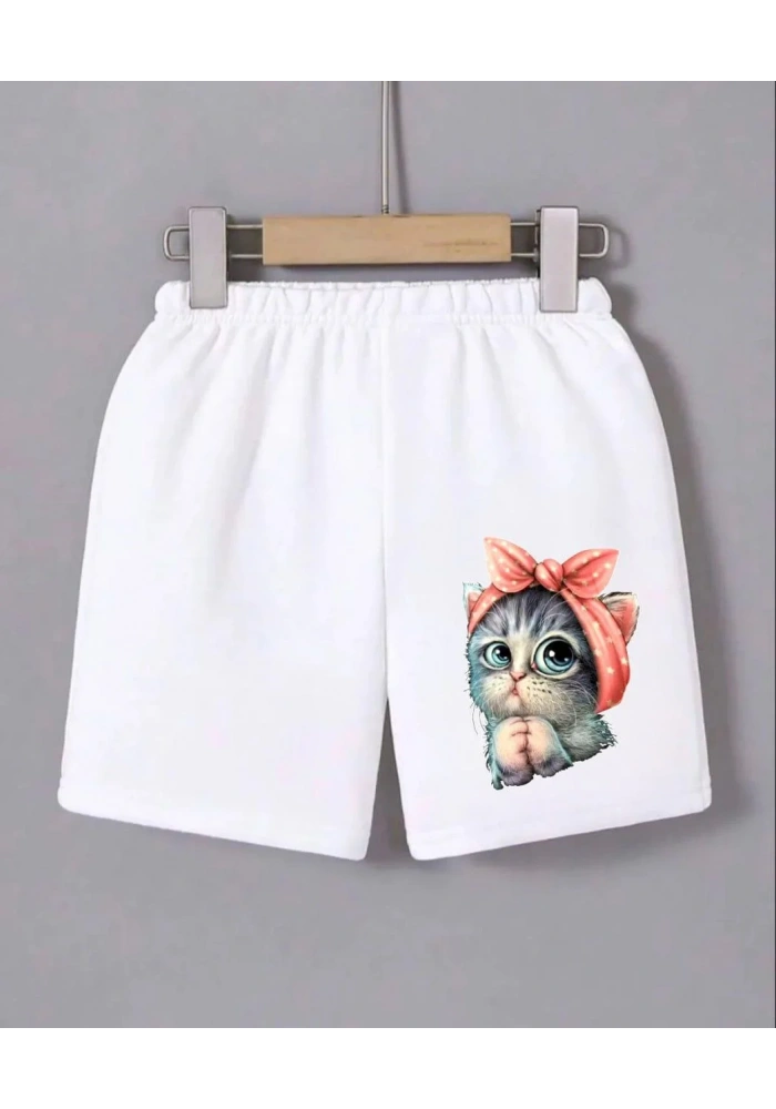 Kadın Beli Lastikli Baskılı Mini Şort - Beyaz