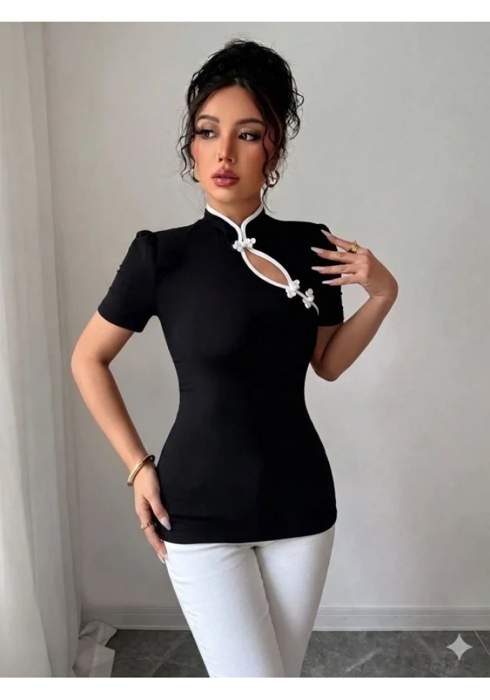 Kadın Beyaz şerit Detaylı Dar Kesim Dik Yaka Bluz