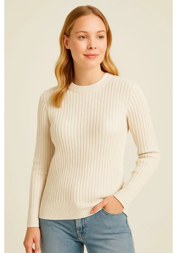Kadın Bisiklet Yaka Triko Kazak Pamuklu Kalın Fitilli Dokuma Regular Fit - Bej