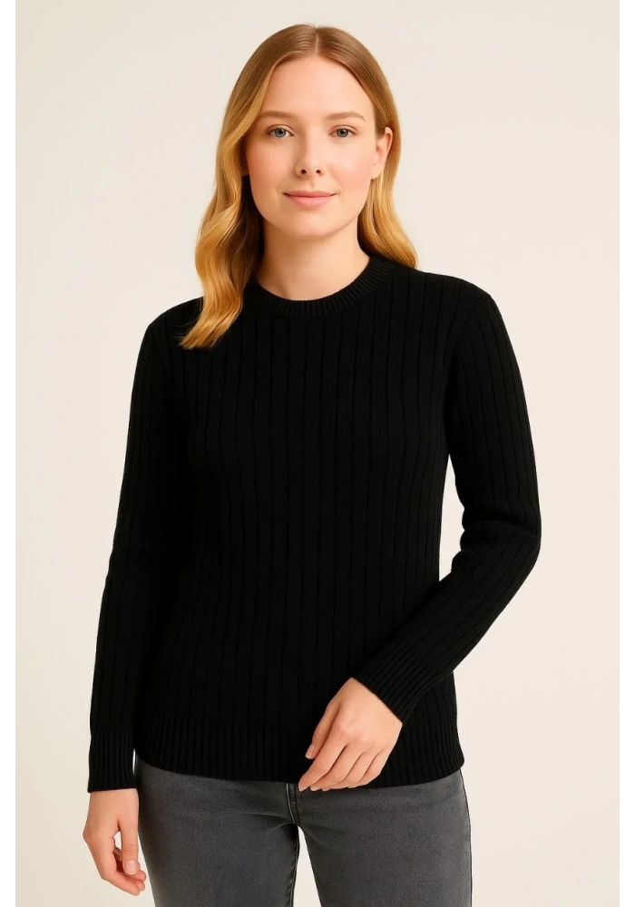 Kadın Bisiklet Yaka Triko Kazak Pamuklu Kalın Fitilli Dokuma Regular Fit -  Siyah