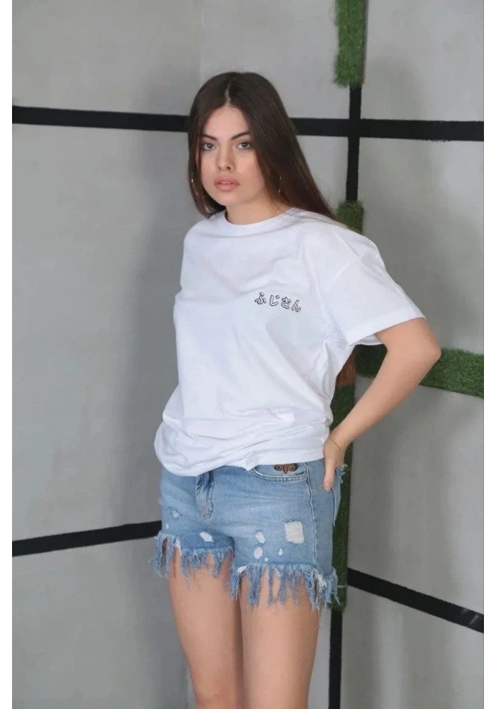 Kadın Bisiklet Yaka Baskılı Kısa kol Oversize T-Shirt- Beyaz