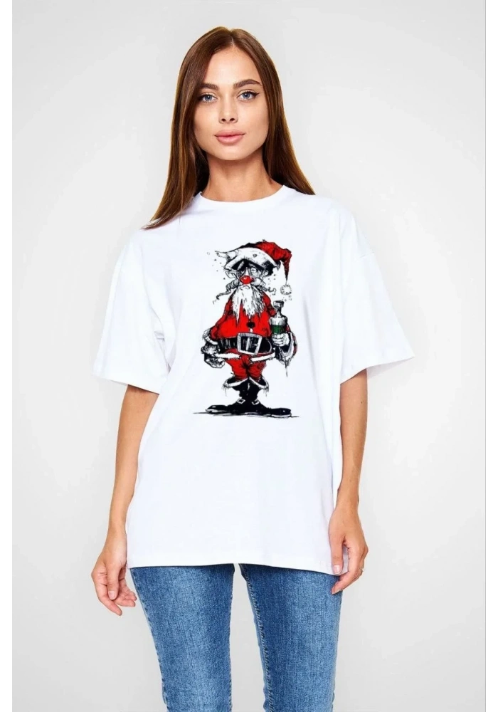 kadın Bisiklet Yaka Baskılı  Kısa kol Oversize T-Shirt - Beyaz