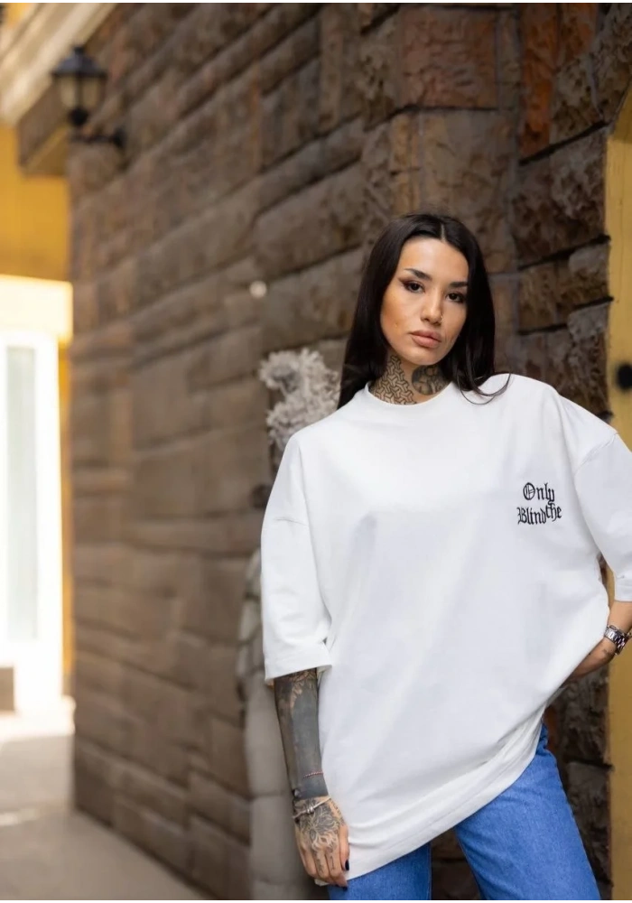 kadın Tişort Bisiklet Yaka Baskılı yazlık Kısa kol Oversize T-Shirt - Beyaz