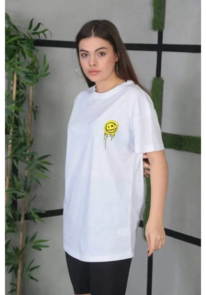 Kadın Bisiklet Yaka Baskılı Kısa kol Oversize T-Shirt - Beyaz