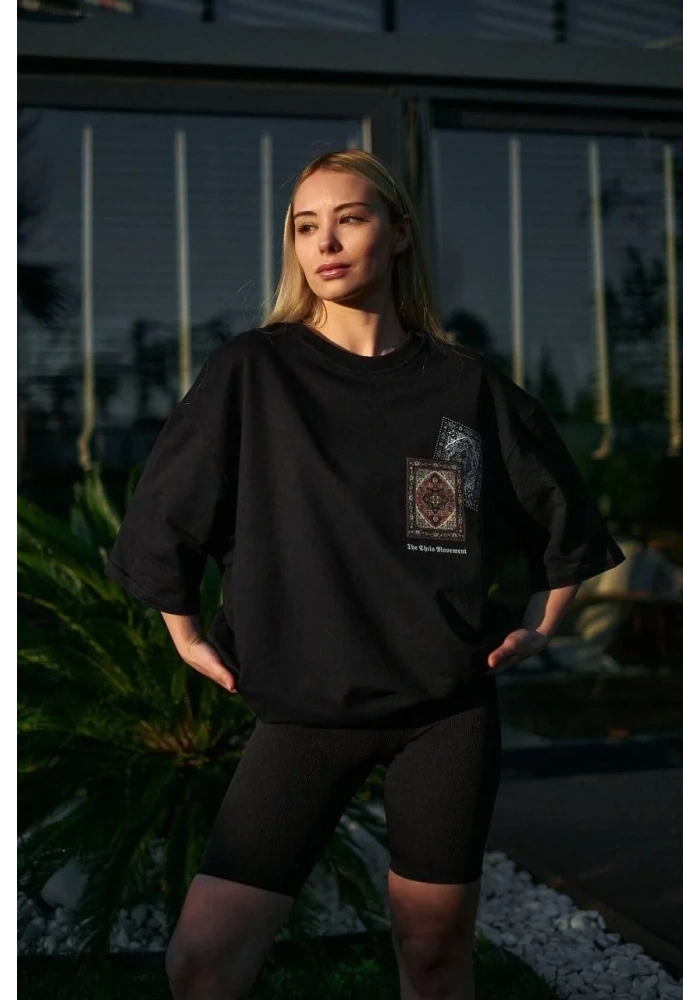 kadın Bisiklet Yaka Baskılı  Kısa kol Oversize T-Shirt - Siyah