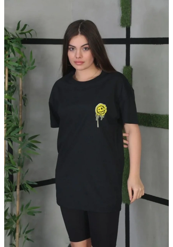 Kadın Bisiklet Yaka Baskılı  Kısa kol Oversize T-Shirt - Siyah