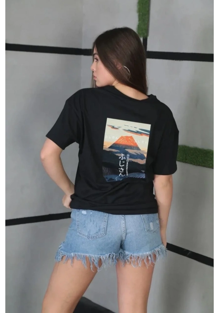 Kadın Bisiklet Yaka Baskılı Kısa kol Oversize T-Shirt - Siyah