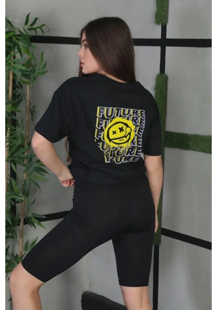 Kadın Bisiklet Yaka Baskılı  Kısa kol Oversize T-Shirt - Siyah