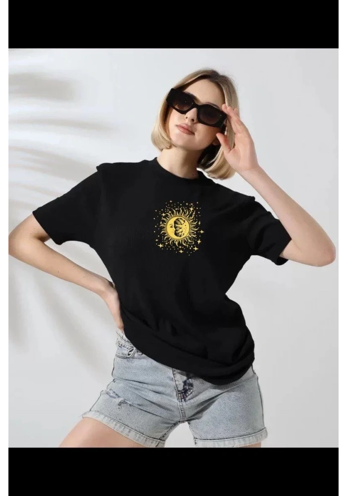 Kadın Bisiklet Yaka Baskılı  Kısa kol T-Shirt - Siyah