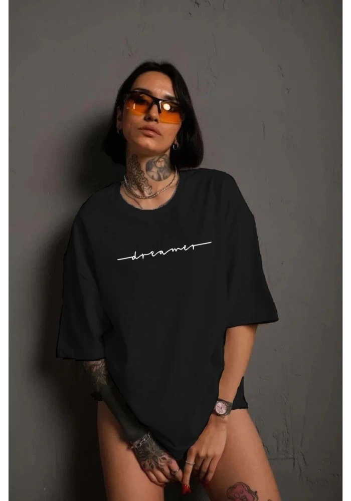 Kadın Bisiklet Yaka Baskılı kısa kol T-Shirt - Siyah