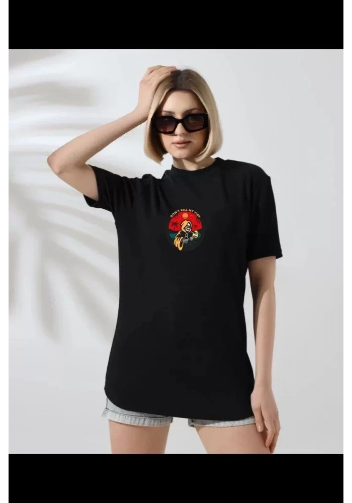 Kadın Bisiklet Yaka Baskılı  kısa kol T-Shirt - Siyah
