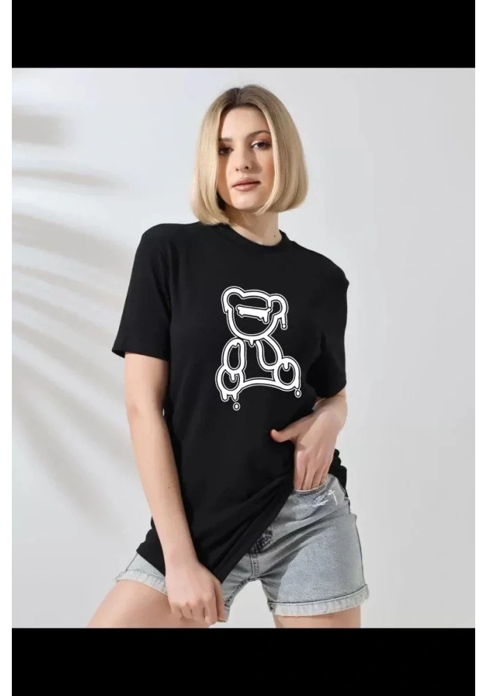 Kadın Bisiklet Yaka Baskılı  Kısa kol T-Shirt - Siyah