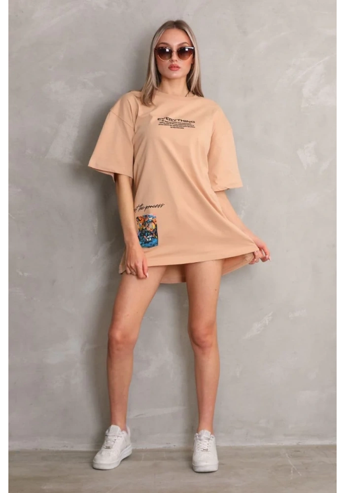 kadın Bisiklet Yaka Baskılı Oversize Kısa kol T-Shirt - Bej