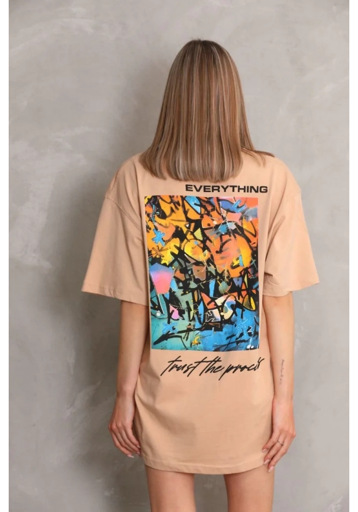 kadın Bisiklet Yaka Baskılı Oversize Kısa kol T-Shirt - Bej