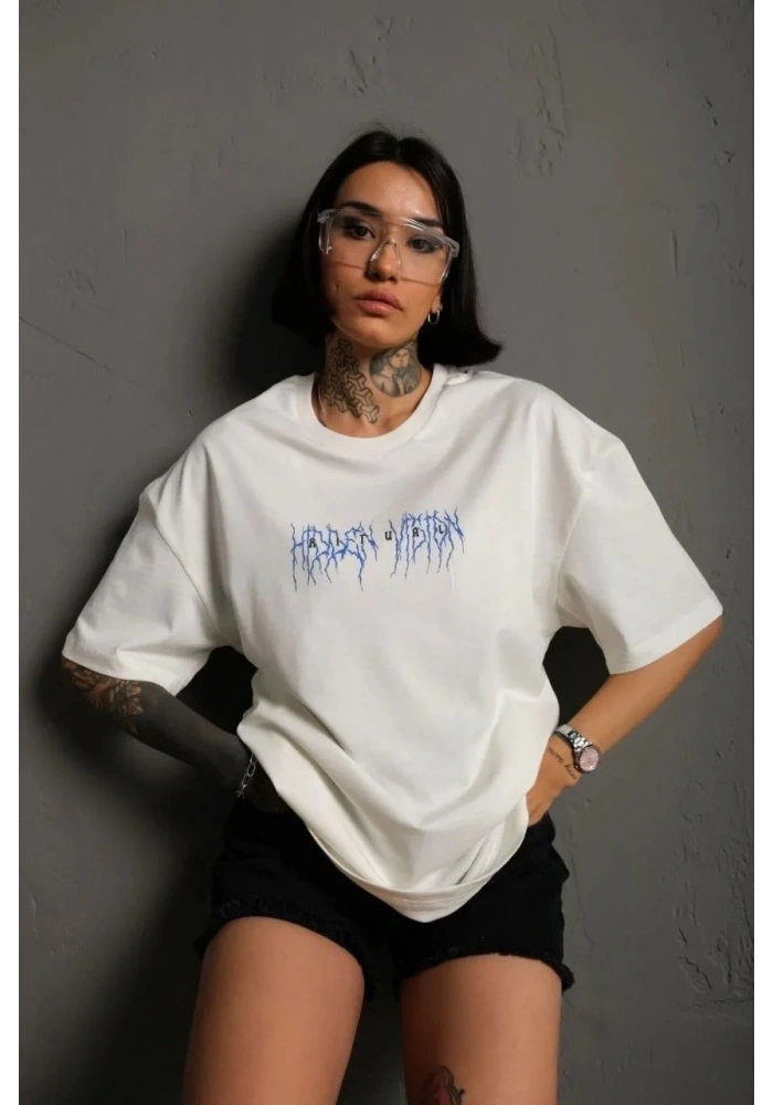 kadın Bisiklet Yaka Baskılı Oversize Kısa kol  T-Shirt - Beyaz