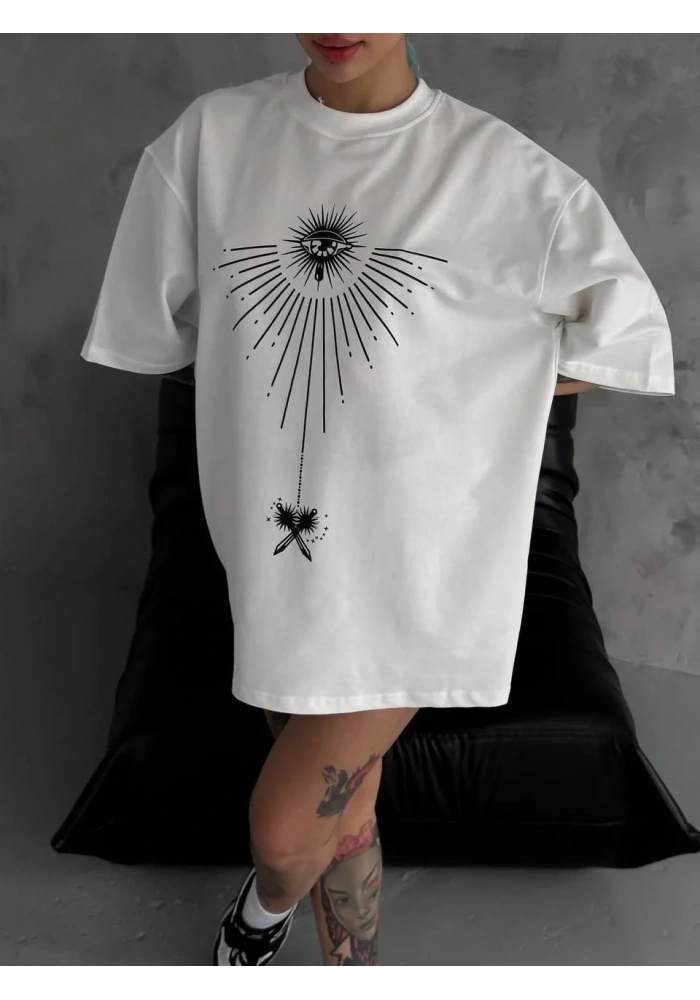 kadın Bisiklet Yaka Baskılı Oversize  Kısa kol T-Shirt - Beyaz