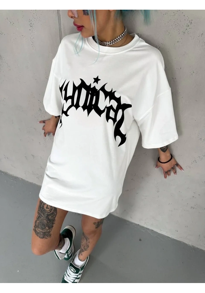 kadın Bisiklet Yaka Baskılı Oversize  Kısa kol T-Shirt - Beyaz