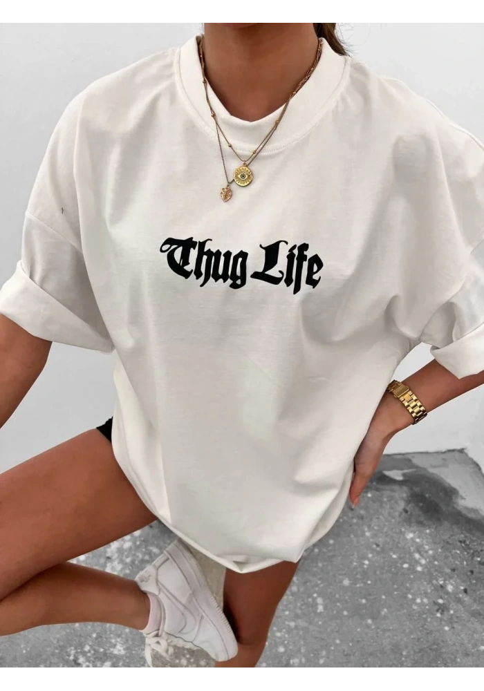 Kadın Bisiklet Yaka Baskılı Oversize  Kısa kol T-Shirt - Beyaz