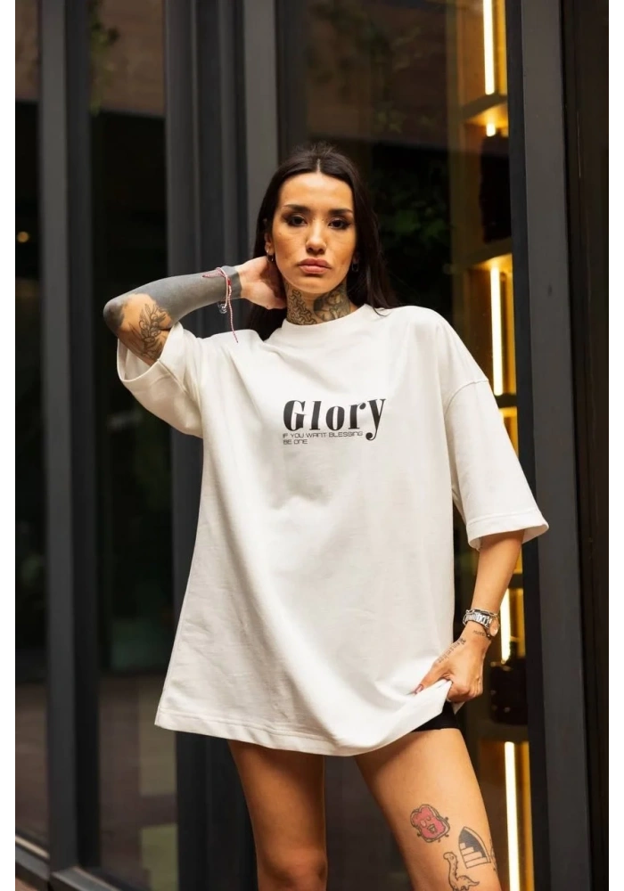 kadın Bisiklet Yaka Baskılı Oversize  Kısa kol T-Shirt - Beyaz