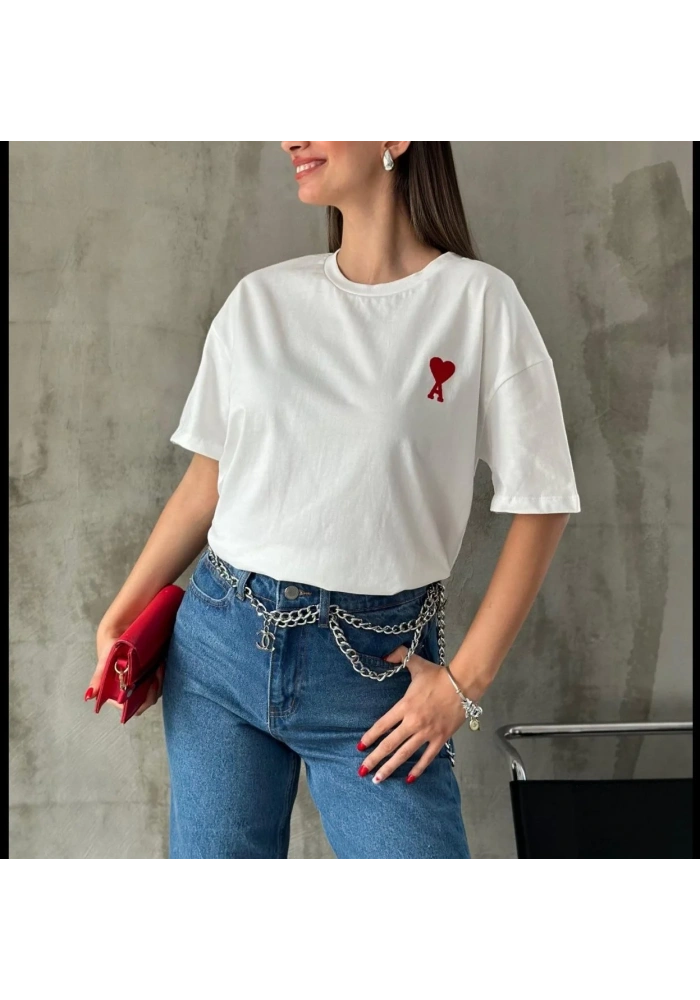 Kadın Tişört Bisiklet Yaka Baskılı Oversize Kısa Kol T-Shirt - Beyaz