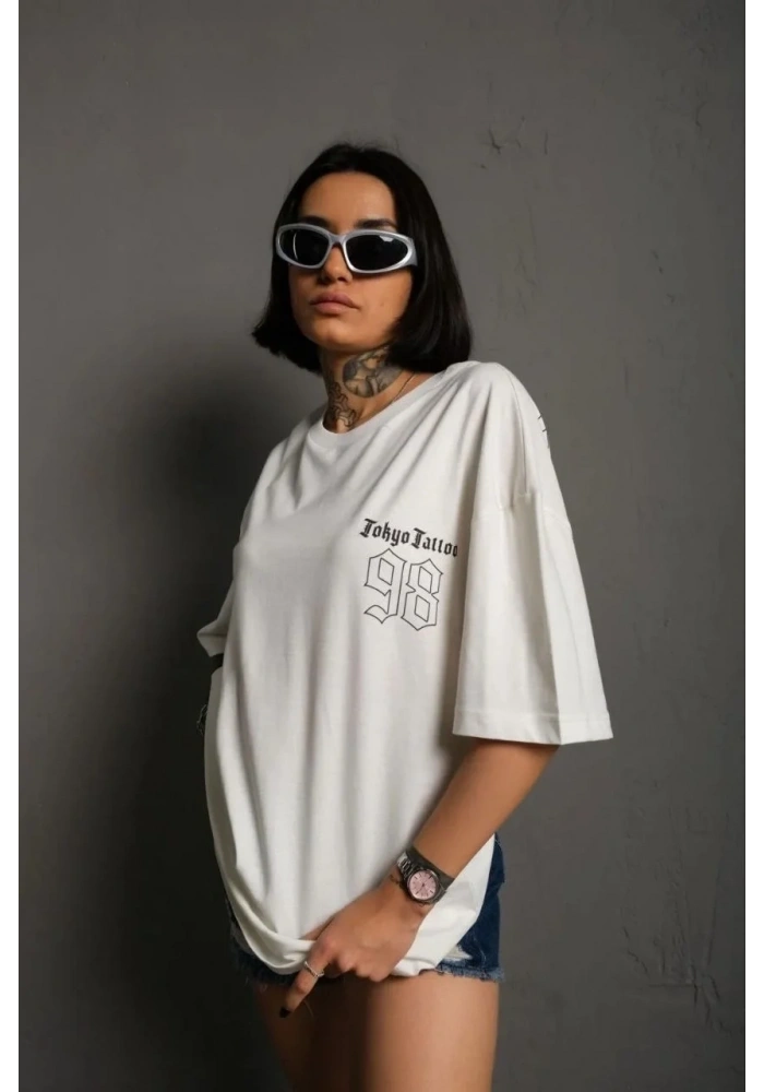kadın Bisiklet Yaka Baskılı Oversize Kısa kol  T-Shirt - Beyaz