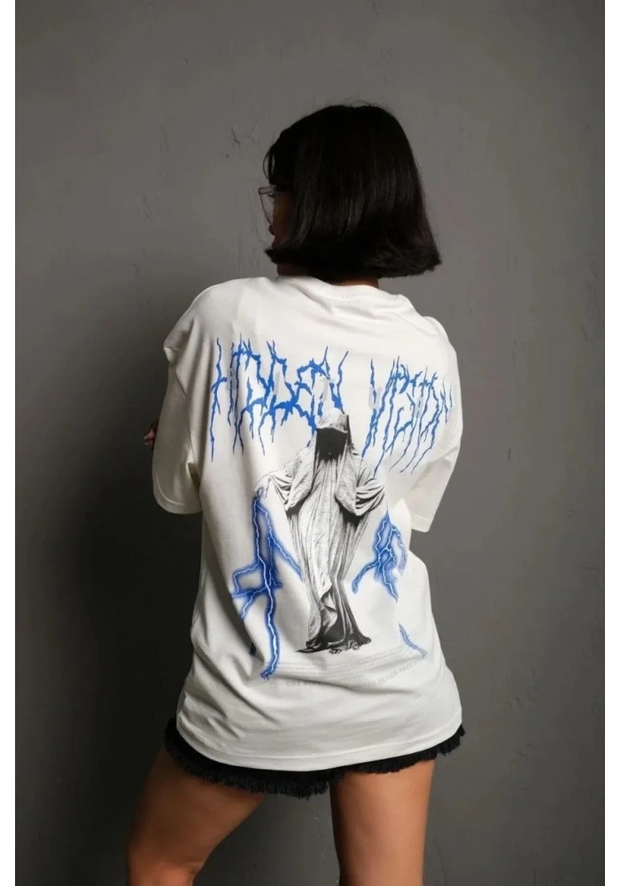 kadın Bisiklet Yaka Baskılı Oversize Kısa kol  T-Shirt - Beyaz