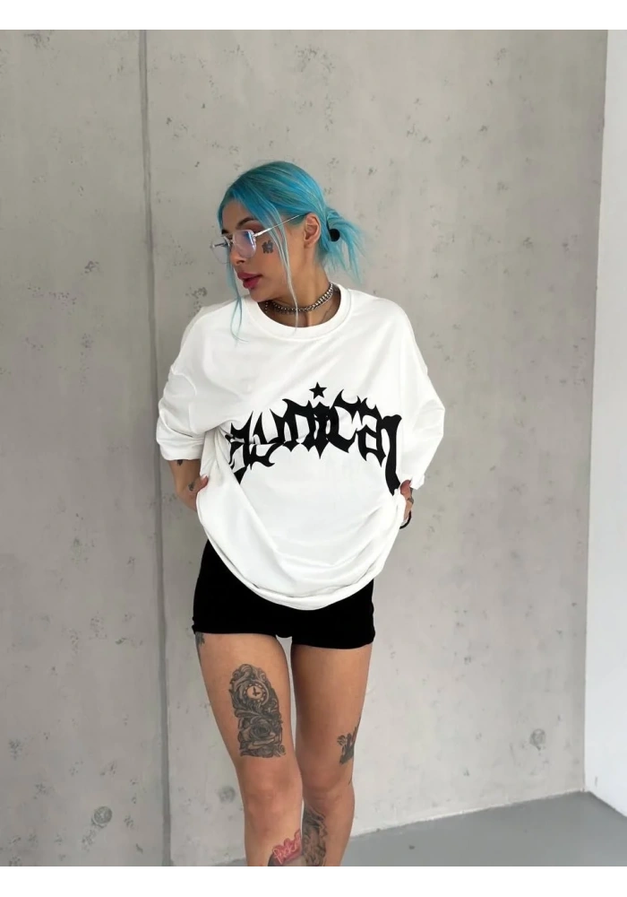 kadın Bisiklet Yaka Baskılı Oversize  Kısa kol T-Shirt - Beyaz