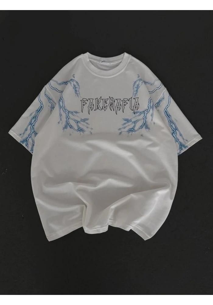 Kadın Tişort Bisiklet Yaka Yıldırım Şimşek Baskılı Kısa kol T-Shirt - Beyaz
