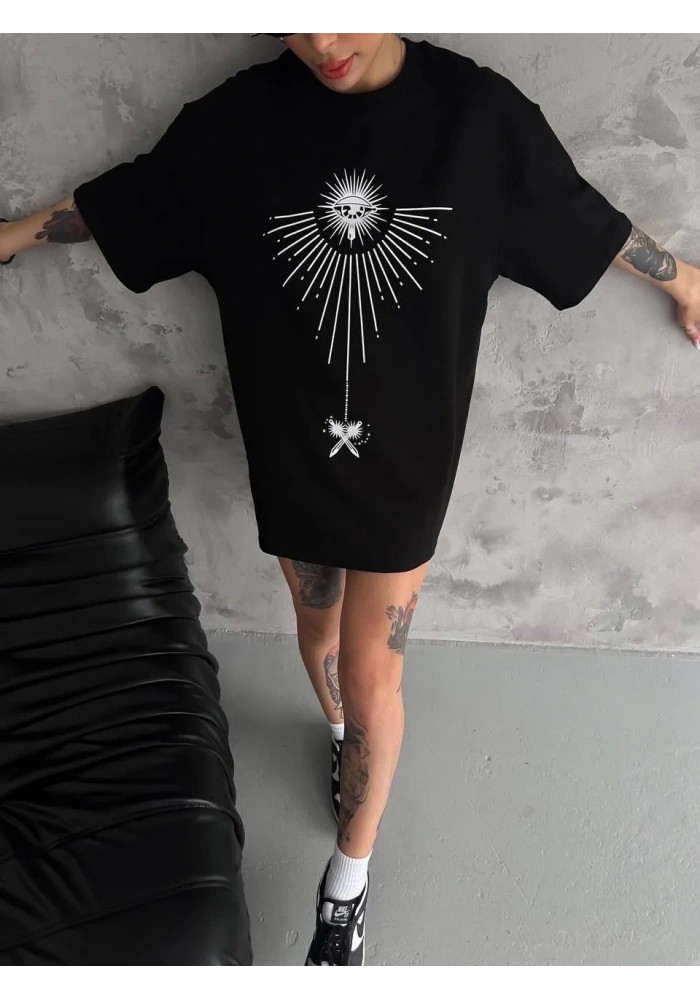 kadın Bisiklet Yaka Baskılı Oversize  Kısa kol T-Shirt - Siyah