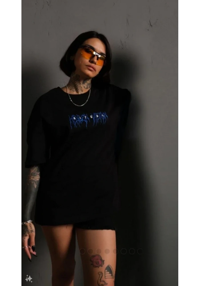 kadın Bisiklet Yaka Baskılı Oversize  Kısa kol T-Shirt - Siyah