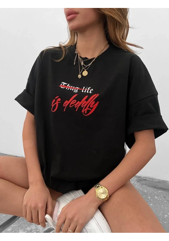 kadın Bisiklet Yaka Baskılı Oversize  Kısa kol T-Shirt - Siyah