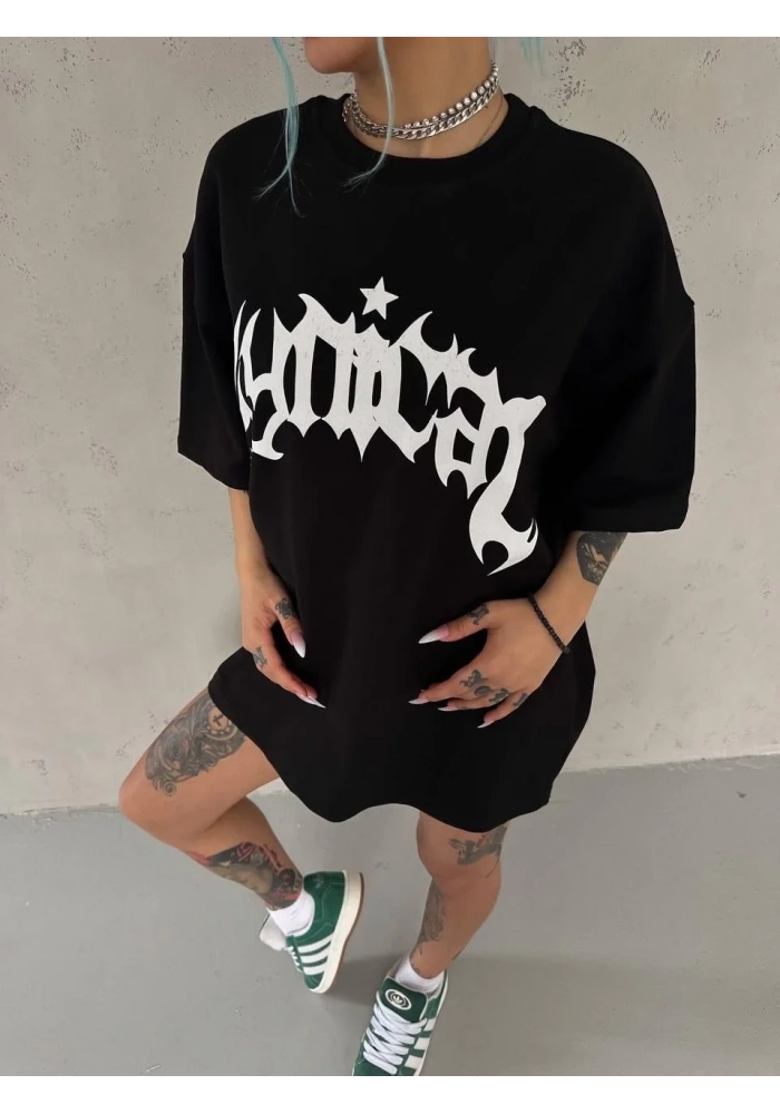 kadın Bisiklet Yaka Baskılı Oversize Kısa kol  T-Shirt - Siyah
