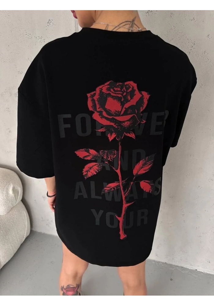 kadın Bisiklet Yaka Baskılı Oversize  Kısa kol T-Shirt - Siyah