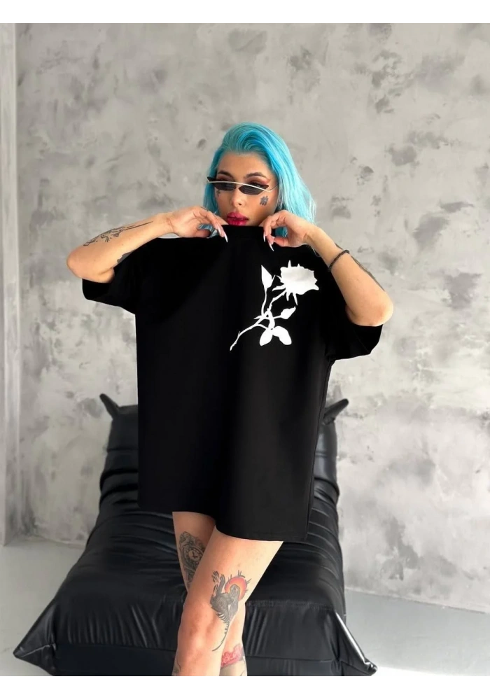 kadın Bisiklet Yaka Baskılı Oversize  Kısa kol T-Shirt - Siyah