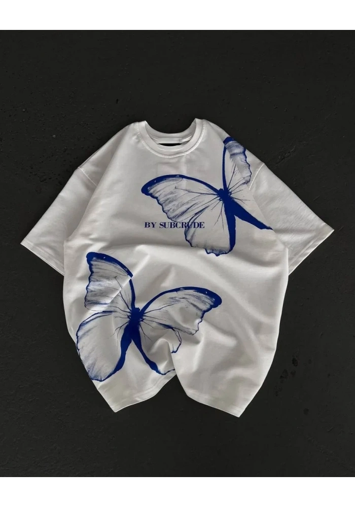 kadın  Bisiklet Yaka Baskılı Oversize T-Shirt - Beyaz