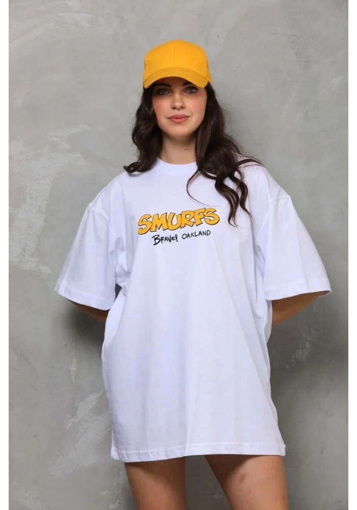 kadın Bisiklet Yaka Baskılı Oversize T-Shirt - Beyaz