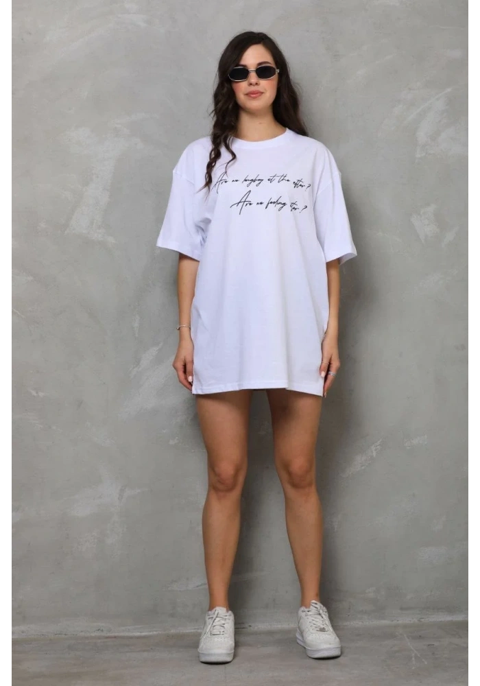 Kadın Kısa Kol Yazlık Tişört Bisiklet Yaka Baskılı Oversize T-Shirt - Beyaz