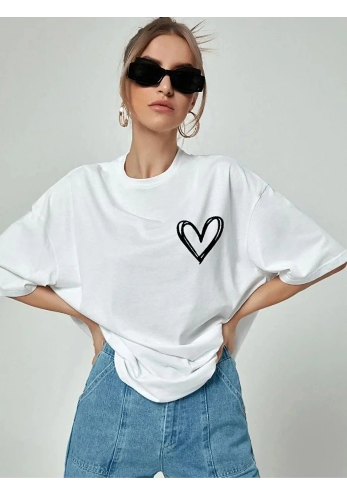 Kadın Bisiklet Yaka Baskılı Oversize T-Shirt - Beyaz