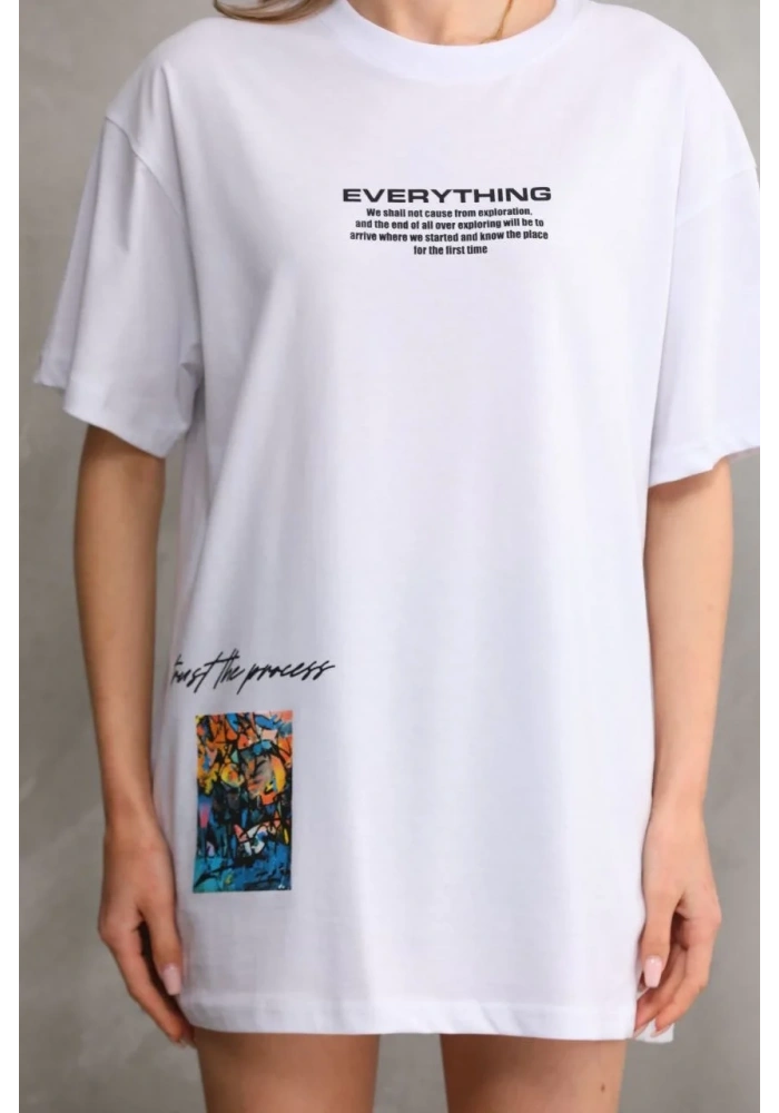 kadın Bisiklet Yaka Baskılı Oversize T-Shirt - Beyaz